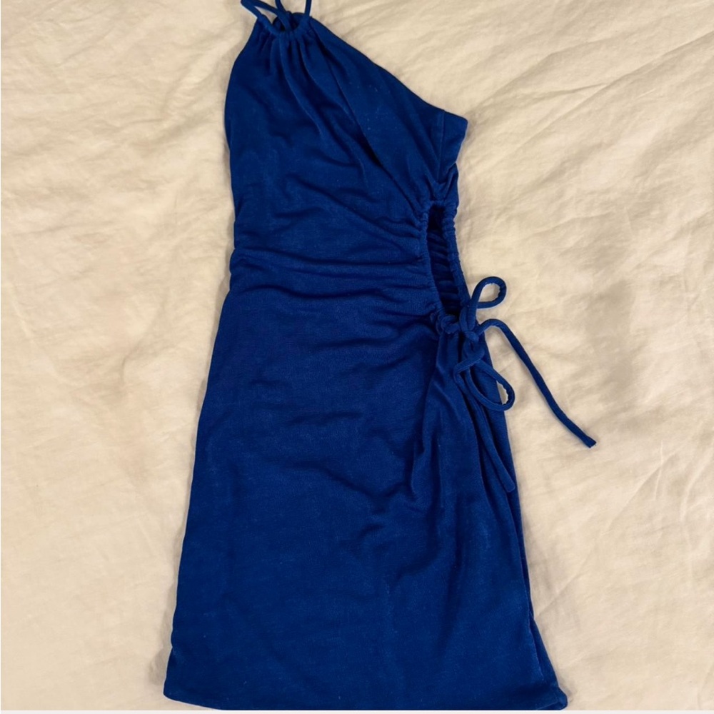 Peppermayo Royal Cobalt Blue One-Shoulder Side-Tie Mini Dress